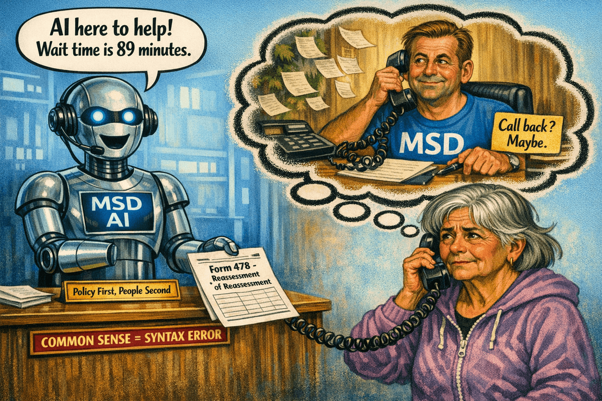 A robot receptionist says, “AI here to help! Wait time is 89 minutes.” The older woman holds a phone, looking frustrated. Her thought bubble shows the MSD worker picking up an old corded phone, tangled in wires, with a sticky note that reads “Call back? Maybe.”