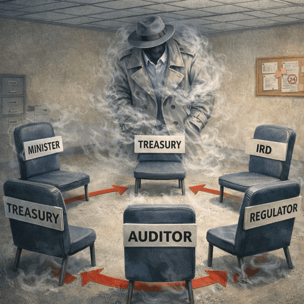 An invisible figure in a trench coat and fedora stands in the center of a circle of five empty office chairs labeled Minister, Treasury, IRD, Auditor, and Regulator. Red arrows on the floor connect the chairs in a loop, symbolizing a cycle of responsibility avoidance. Smoke swirls around the figure, who stands with hands in pockets under fluorescent office lighting, evoking bureaucratic secrecy and the “not‑me” game.