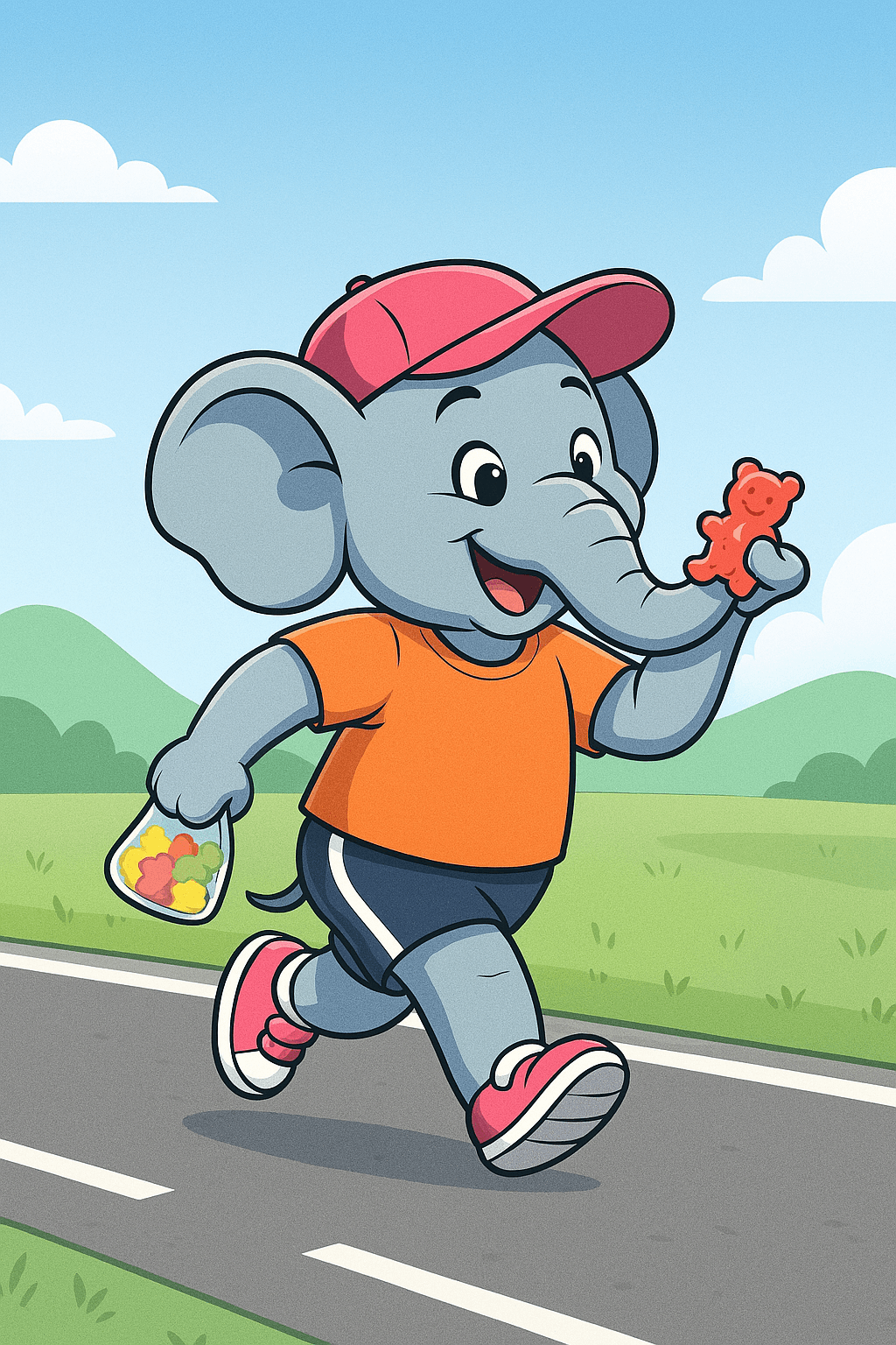 Cartoon-style illustration of a cheerful, feminine elephant jogging along a paved road through green hills under a blue sky. She wears a pink cap, orange t-shirt, navy shorts, and pink running shoes. Her trunk holds a red gummy bear, and she carries a small bag of colorful gummy bears in one hand. The scene conveys playful energy, candy-fueled determination, and tortoise-paced grit.