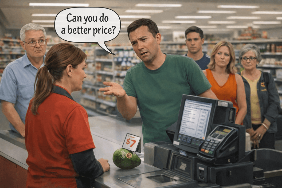 A man at a supermarket checkout gestures while asking, “Can you do a better price?” The cashier looks politely uncomfortable, and other shoppers in line show subtle Kiwi embarrassment. A single $7 avocado sits on the counter.