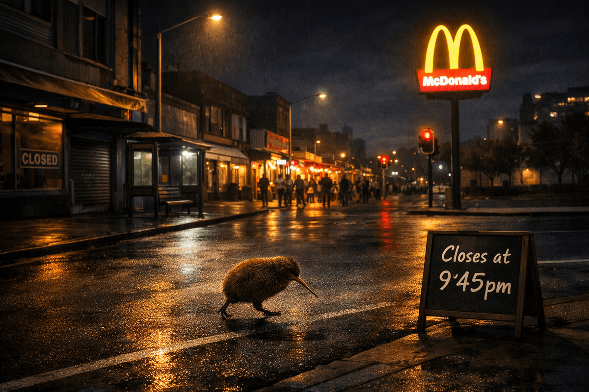 A deserted New Zealand city street at night with all the shops closed and no people or cars around. Wet pavement reflects the glow of a single illuminated McDonald’s sign on the right. A lone kiwi bird shuffles across the empty road under dim streetlights, capturing the quiet, Monday–Tuesday nightlife ‘graveyard’ feeling.