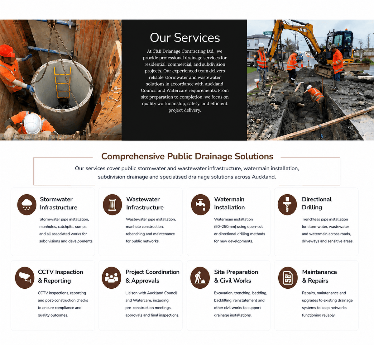 Your Trusted Drainage Experts in Auckland We are Auckland Council and Watercare certified contractors, specialize in subdivision, residential and commercial projects in Auckland wide. Our fully licensed professional work team provide high-efficiency service and affordable price to help you reach the goal. - Send to us your EPA to get a free quote today!