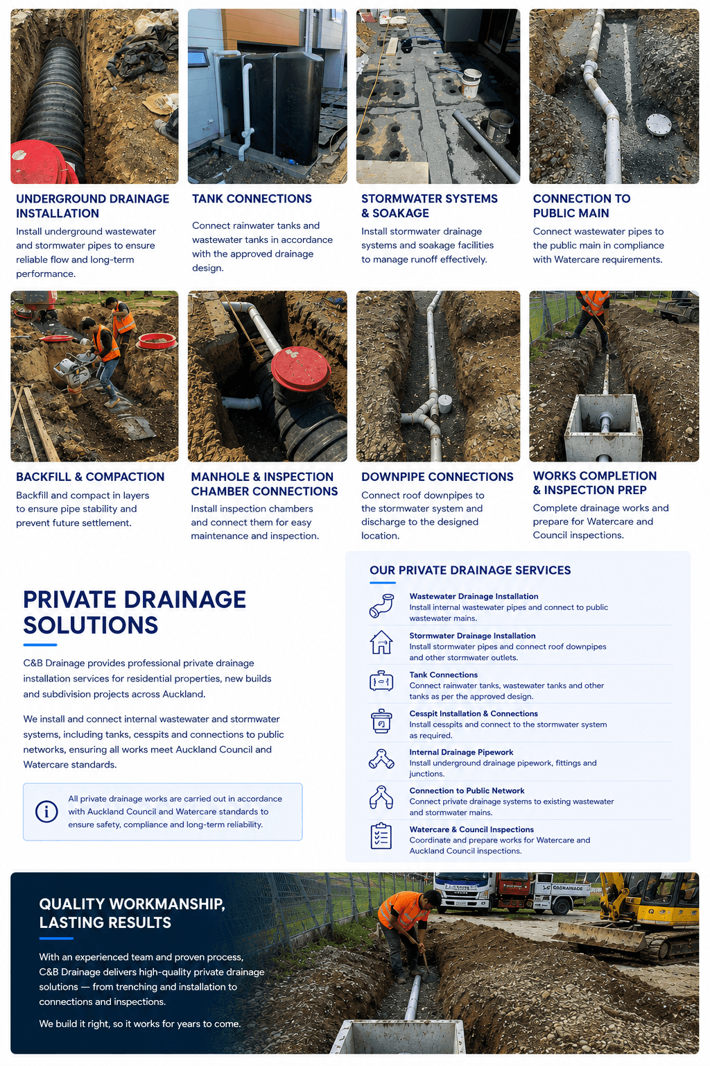 C&B Drainage provides private drainage installation in Auckland, including wastewater, stormwater, tank and cesspit connections, with Watercare and Council inspection support. C&B Drainage provides private drainage installation in Auckland, including wastewater, stormwater, tank and cesspit connections, with Watercare and Council inspection support.