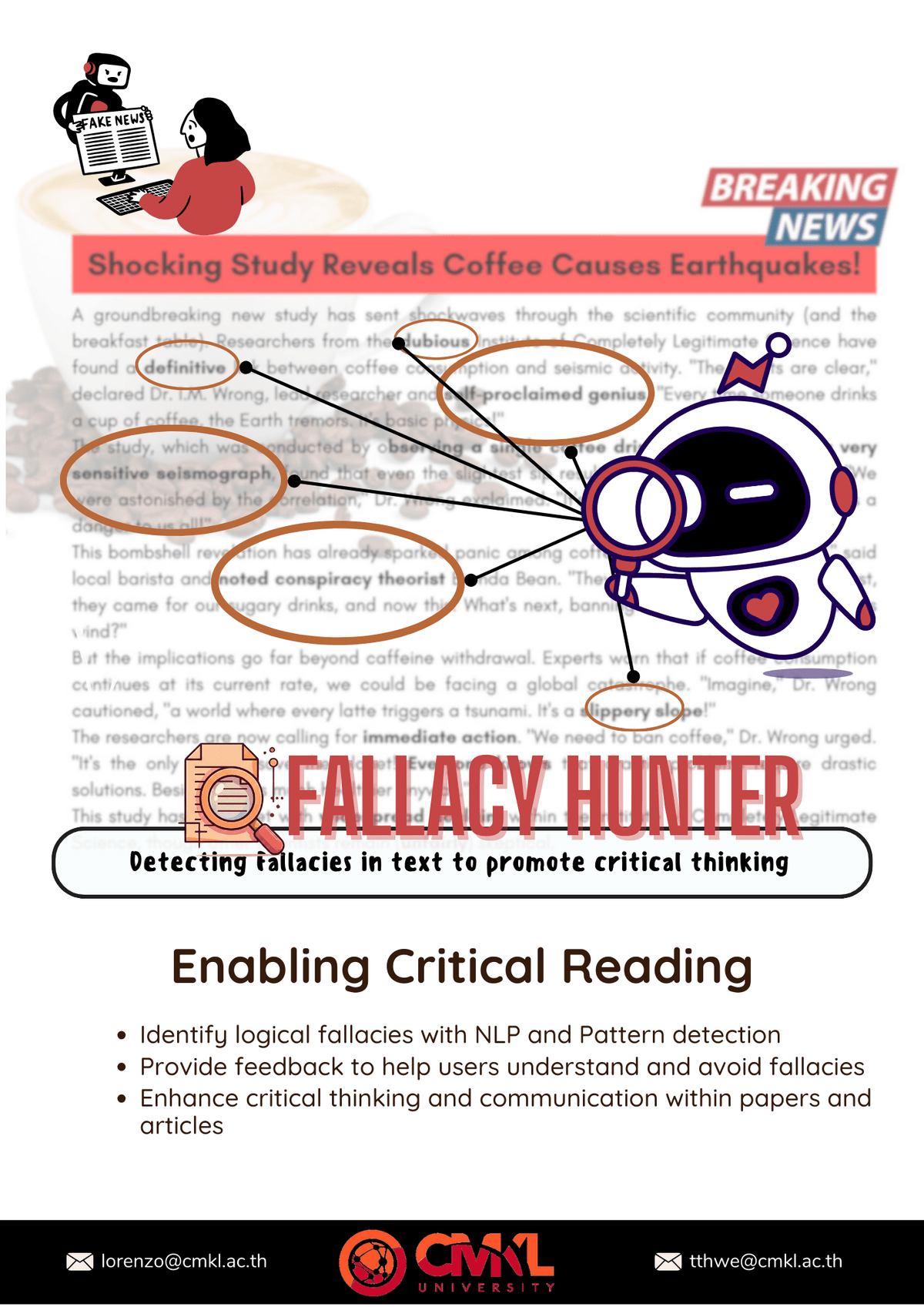 Illustration showing a magnifying glass over text for Fallacy Hunter project