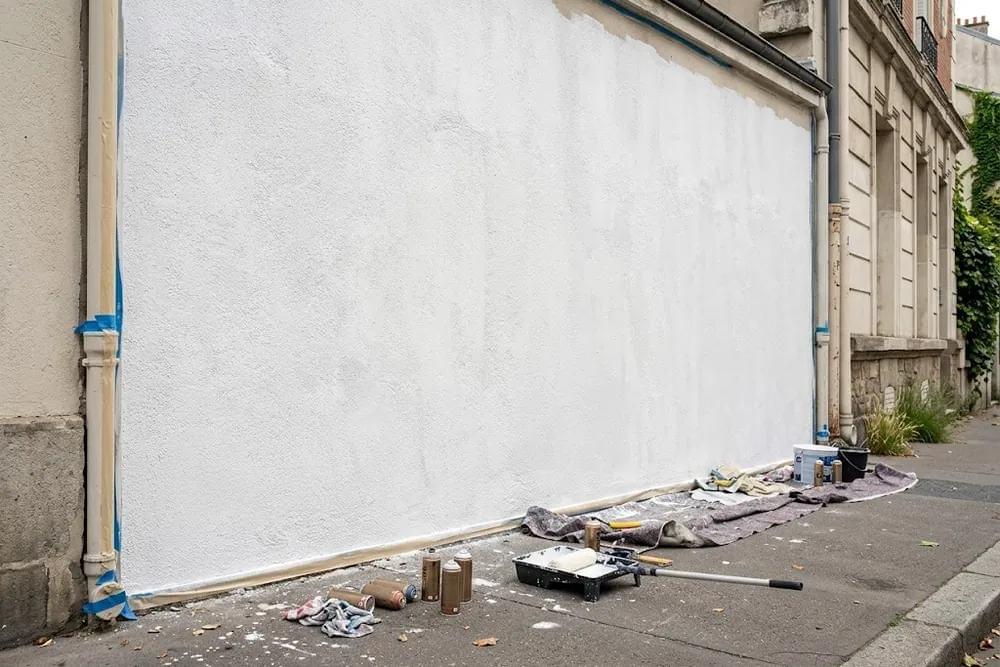 Mur extérieur poncé et recouvert de sous-couche avant une fresque au spray