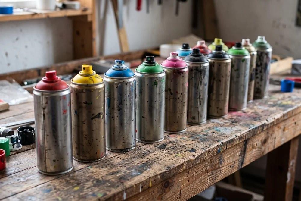 Rangée de bombes aérosol de graffiti aux capuchons colorés sur un établi