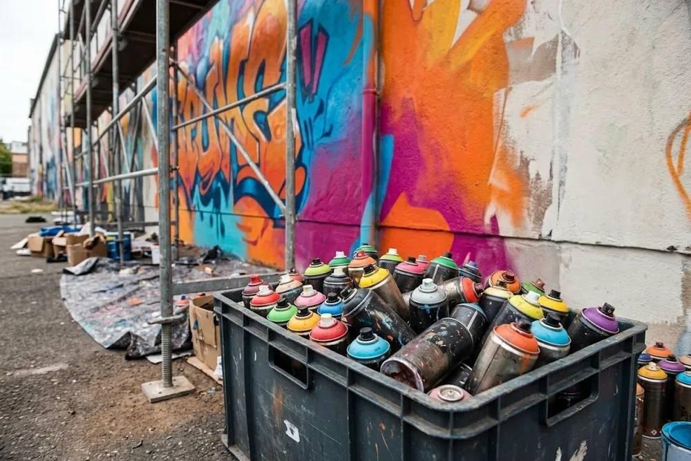 Caisse de bombes de peinture préparées pour une fresque murale de grande taille