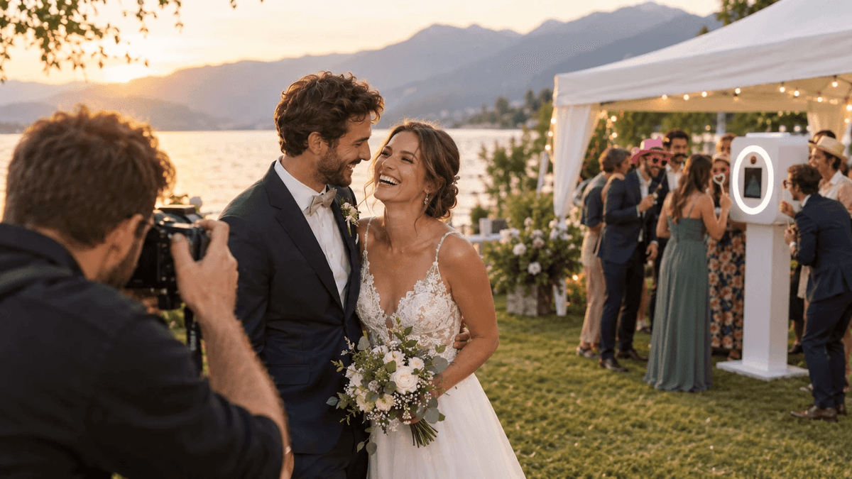 Mariés souriants photographiés pendant un vin d’honneur en plein air avec leurs invités