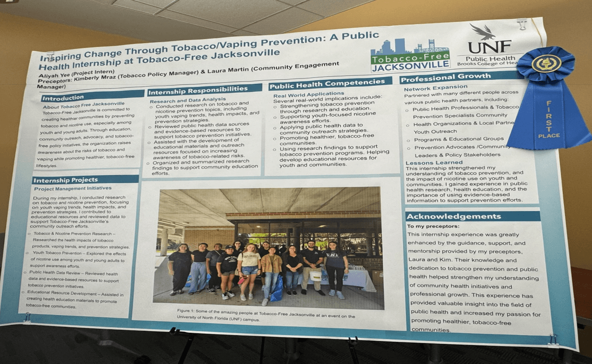 Internship poster showcasing public health internship at Tobacco-Free Jacksonville Coalition with first place blue ribbob