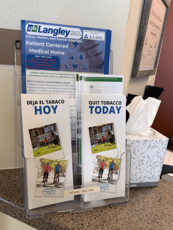 Picture of Langley Health Services brochures featuring Tobacco Free Florida Quit Your Way services information