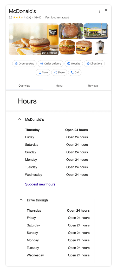 Screenshot of a Google Business Profile for McDonald’s, showing images of food, buttons for actions like order pickup and directions, and business hours listed as open 24 hours every day.