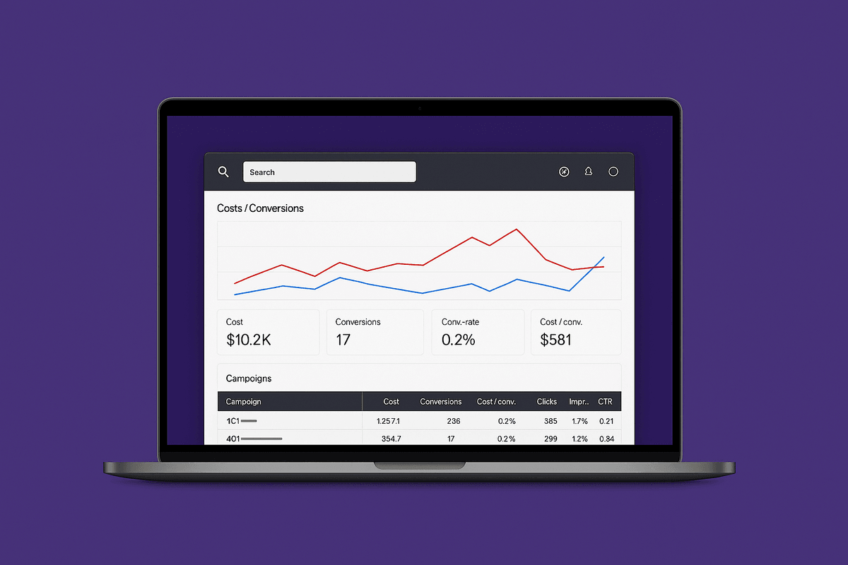 MacBook showing fullscreen Google Ads-style dashboard with high costs and poor conversion rates on a purple Knardal background
