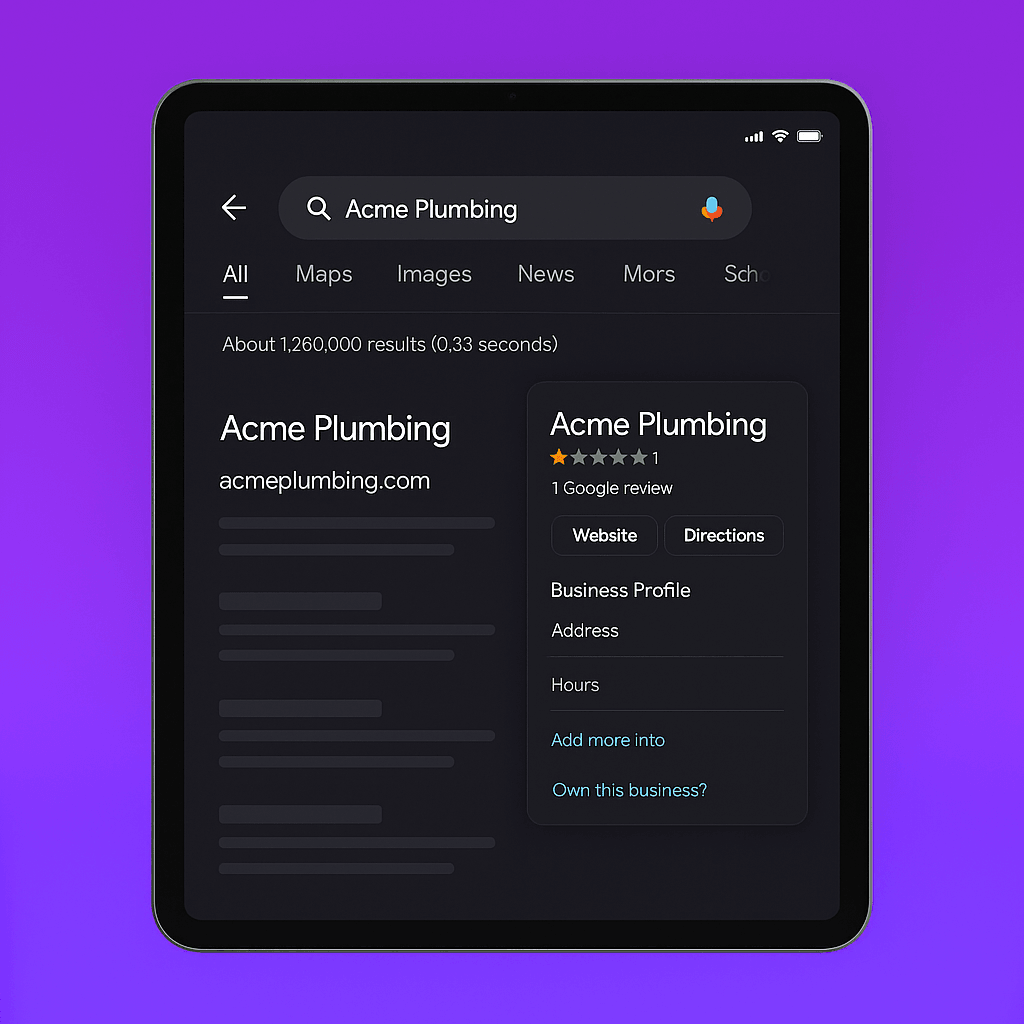 iPad showing Google search for Acme Plumbing with an unclaimed business profile and missing details on a purple Knardal background
