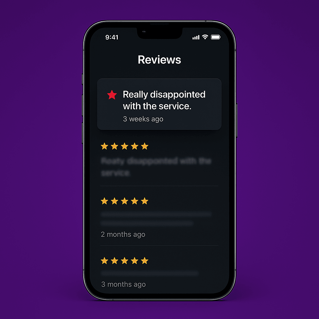 iPhone mockup showing a one-star review on a dark UI, with purple Knardal gradient in background