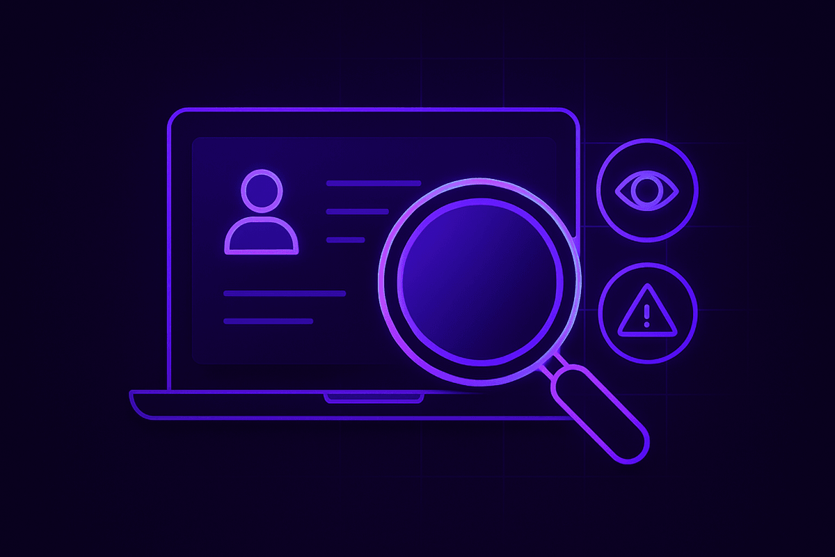 Illustration of a digital profile under magnifying glass on a laptop screen, with icons for visibility and alerts, representing an online presence audit.