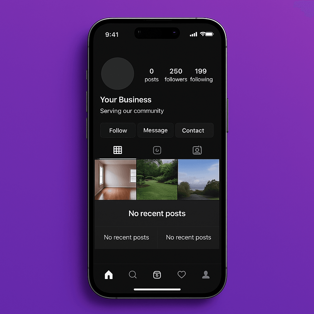 iPhone 16 Pro showing a dark-mode Instagram business profile with no recent posts on a purple Knardal background