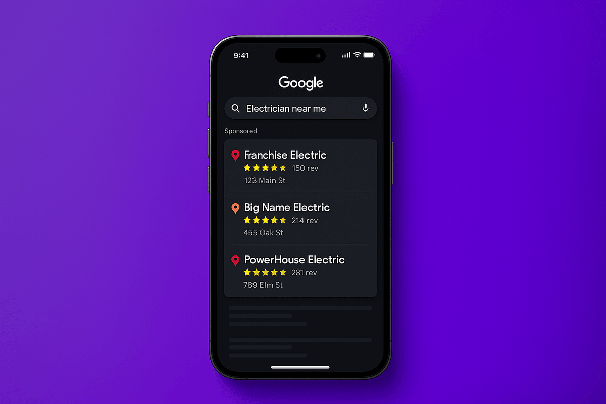 iPhone mockup showing Google search for “Electrician near me” with only large brand listings on screen against a purple Knardal background