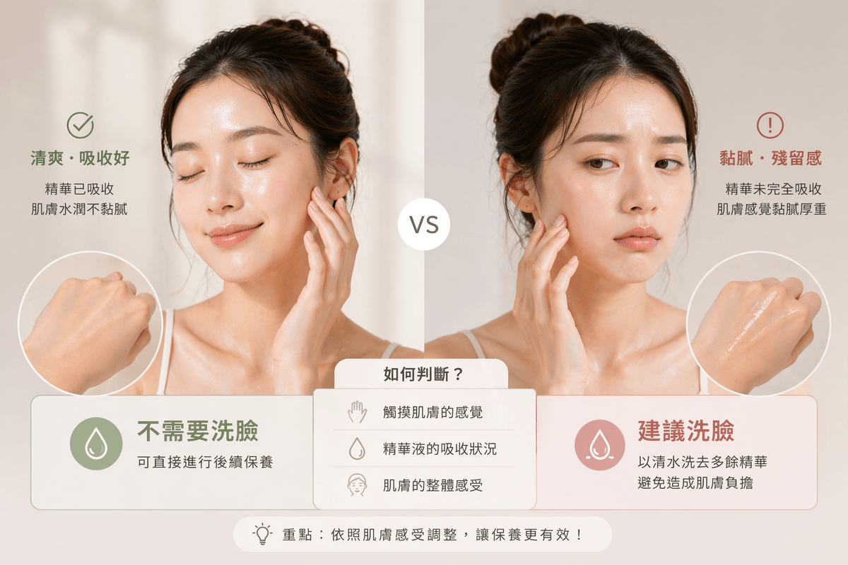 敷完面膜要洗臉嗎示意圖，對比清爽吸收與黏膩殘留的判斷方式
