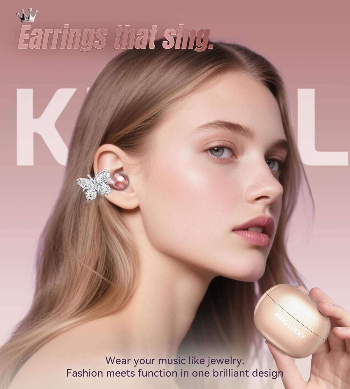 Clip-on Earbuds Jewelry Wireless Bluetooth Open Ear Headphones withDetachable Butterfly Earrings