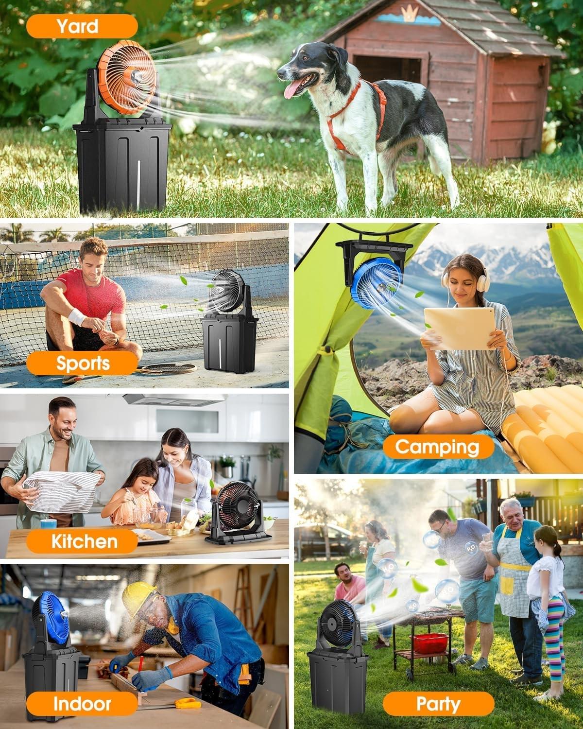 9L Bucket Misting Fan Portable for Outside Patio, 20000mAh Rechargeable Battery Operated Fan for Out