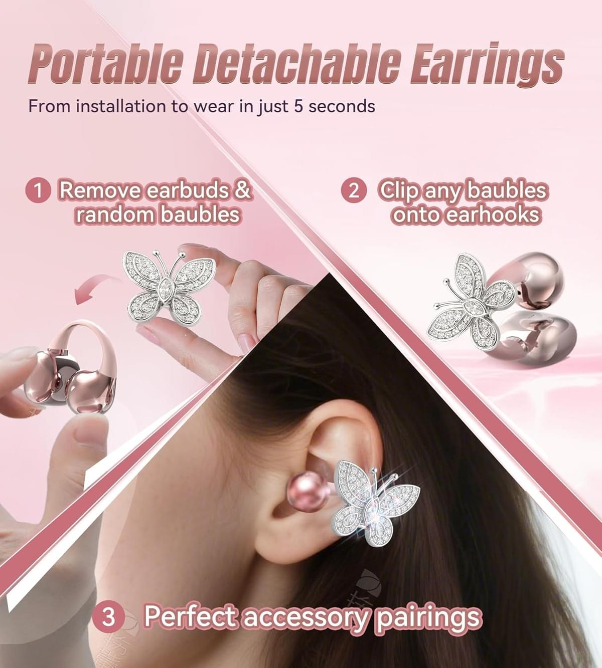 Clip-on Earbuds Jewelry Wireless Bluetooth Open Ear Headphones withDetachable Butterfly Earrings