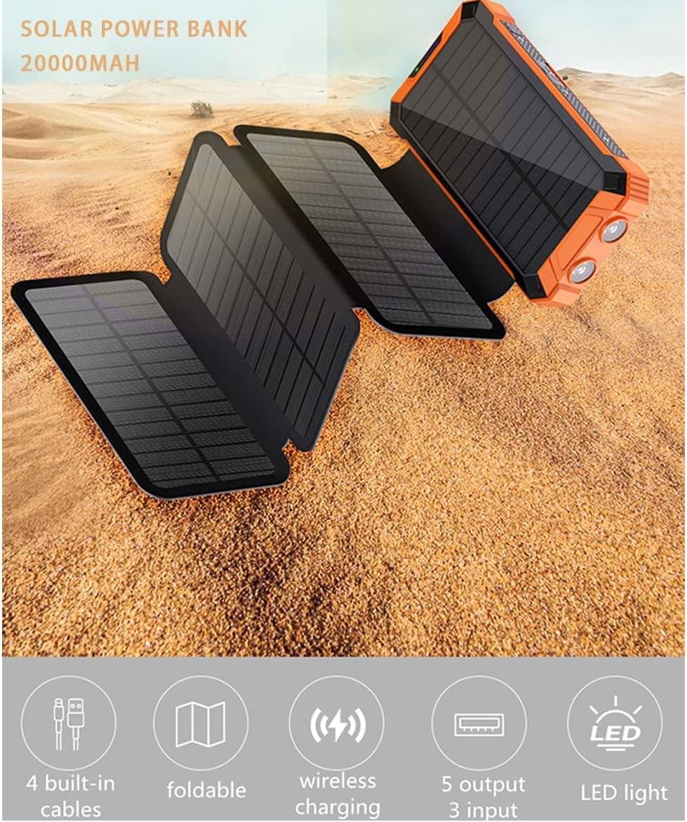 Solar Power Bank 20000mAh Portable Charger with 4 Solar Panels and Dual Flashlights, with 4 Outputs 