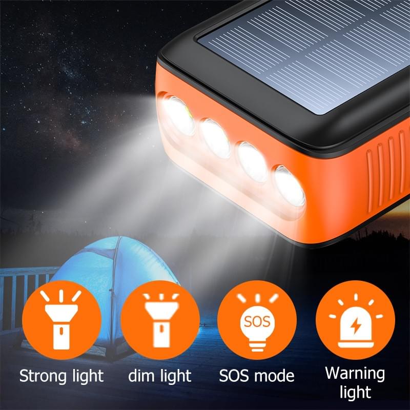 63200 mAh Power Bank Solar Kompakt vevladdare med integrerad kabel Powerbank LED-ficklampa Mergency