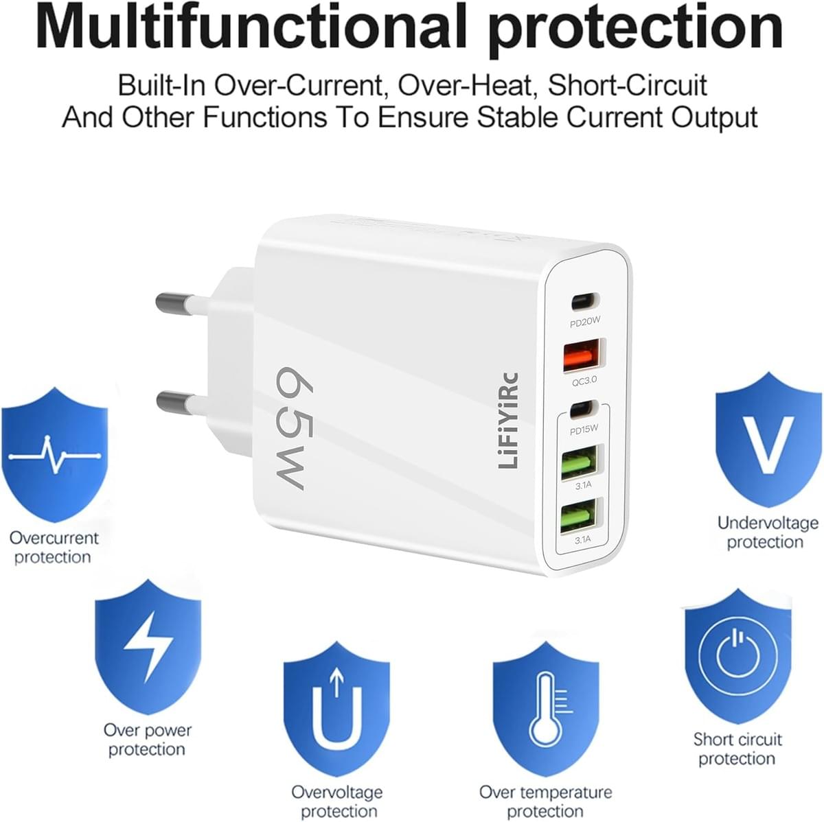 European USB C Charger Block, PD20W QC3.0 Fast Charging Multi Ports, 2 USB C 3 USB A Europe Plug 