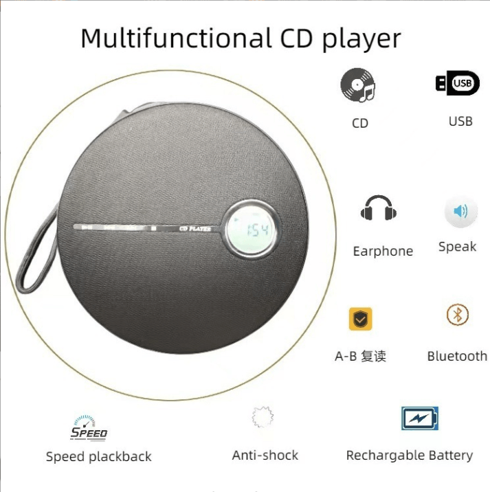 Rechargeable Portable CD Player with Bluetooth, Compact Anti-Skip CD Player with Headphones &Dual St