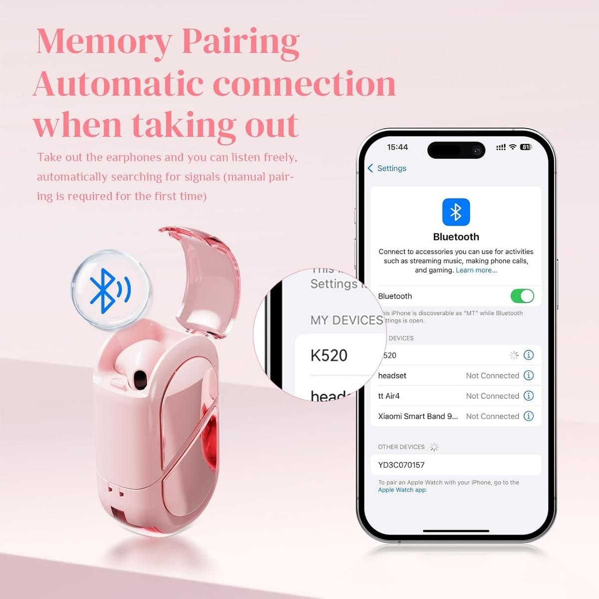 Pink Heart Wireless Earbuds for Girls Kids, Cute Mini Tiny Small Invisible Earbuds 