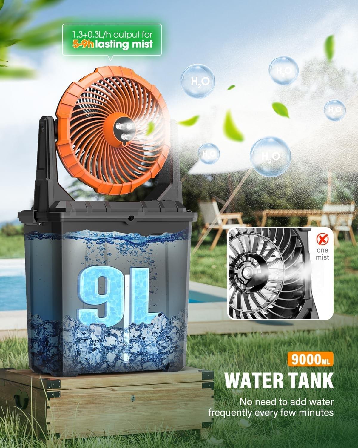 9L Bucket Misting Fan Portable for Outside Patio, 20000mAh Rechargeable Battery Operated Fan for Out