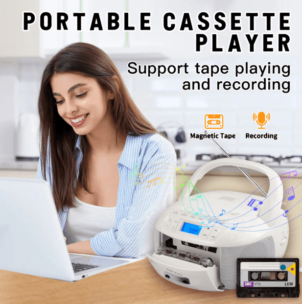 Portable Bluetooth CD Cassette Player Combo with Remote Control, Stereo Sound AM FM Radio, Tape Reco