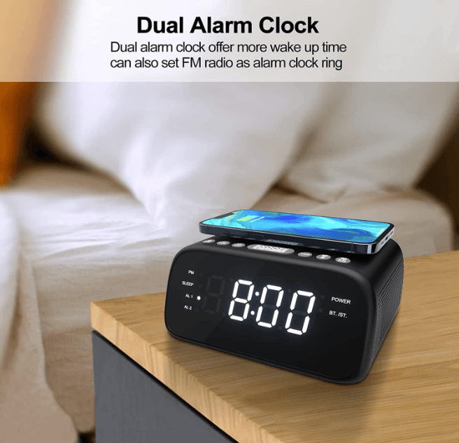 Digital Alarm Clock for Bedroom, 10W Wireless Charging and USB Charger, Bluetooth Speaker, Dual Alar