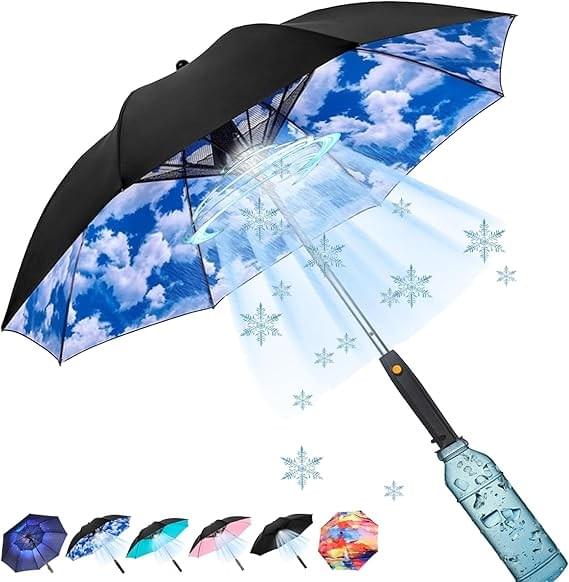 Umbrella with Fan and Mist Spray, 2025 upgraded UV Blocking Umbrella with Fan and Mister for Summer 