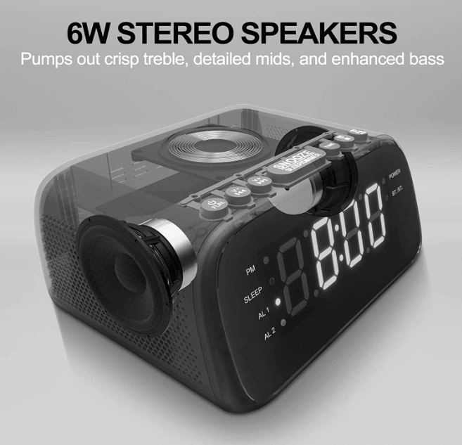 Digital Alarm Clock for Bedroom, 10W Wireless Charging and USB Charger, Bluetooth Speaker, Dual Alar