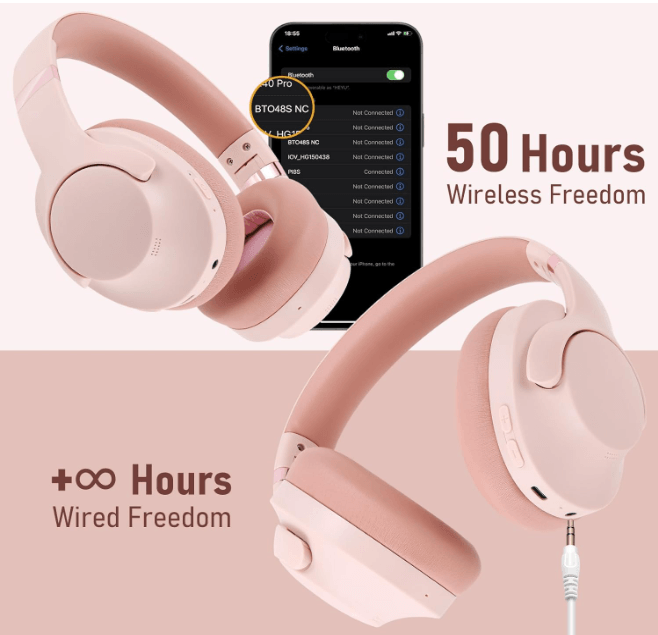 BT048S Noise Cancelling Headphones Over Ear & Beige D72 Open Ear Earbuds, Bluetooth 5.4, Deep Bass, 