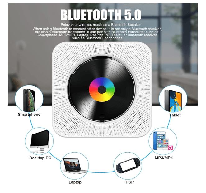 CD Player Portable Bluetooth Desktop CD Player for Home with Timer Built-in HiFi Speakers with LCD S