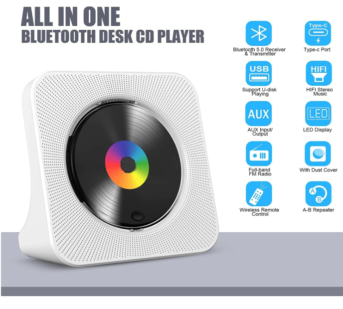 CD Player Portable Bluetooth Desktop CD Player for Home with Timer Built-in HiFi Speakers with LCD S