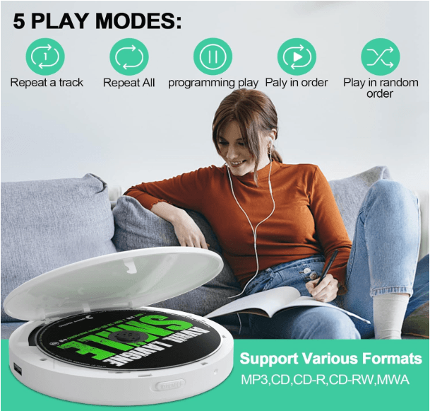 Rechargeable Portable CD Player with Bluetooth, Compact Anti-Skip CD Player with Headphones &Dual St