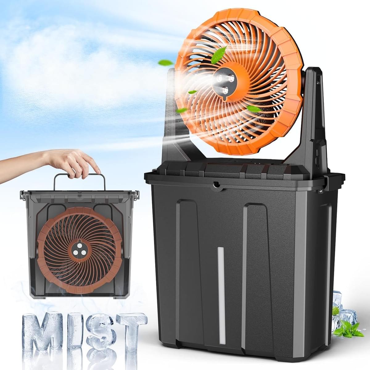 9L Bucket Misting Fan Portable for Outside Patio, 20000mAh Rechargeable Battery Operated Fan for Out