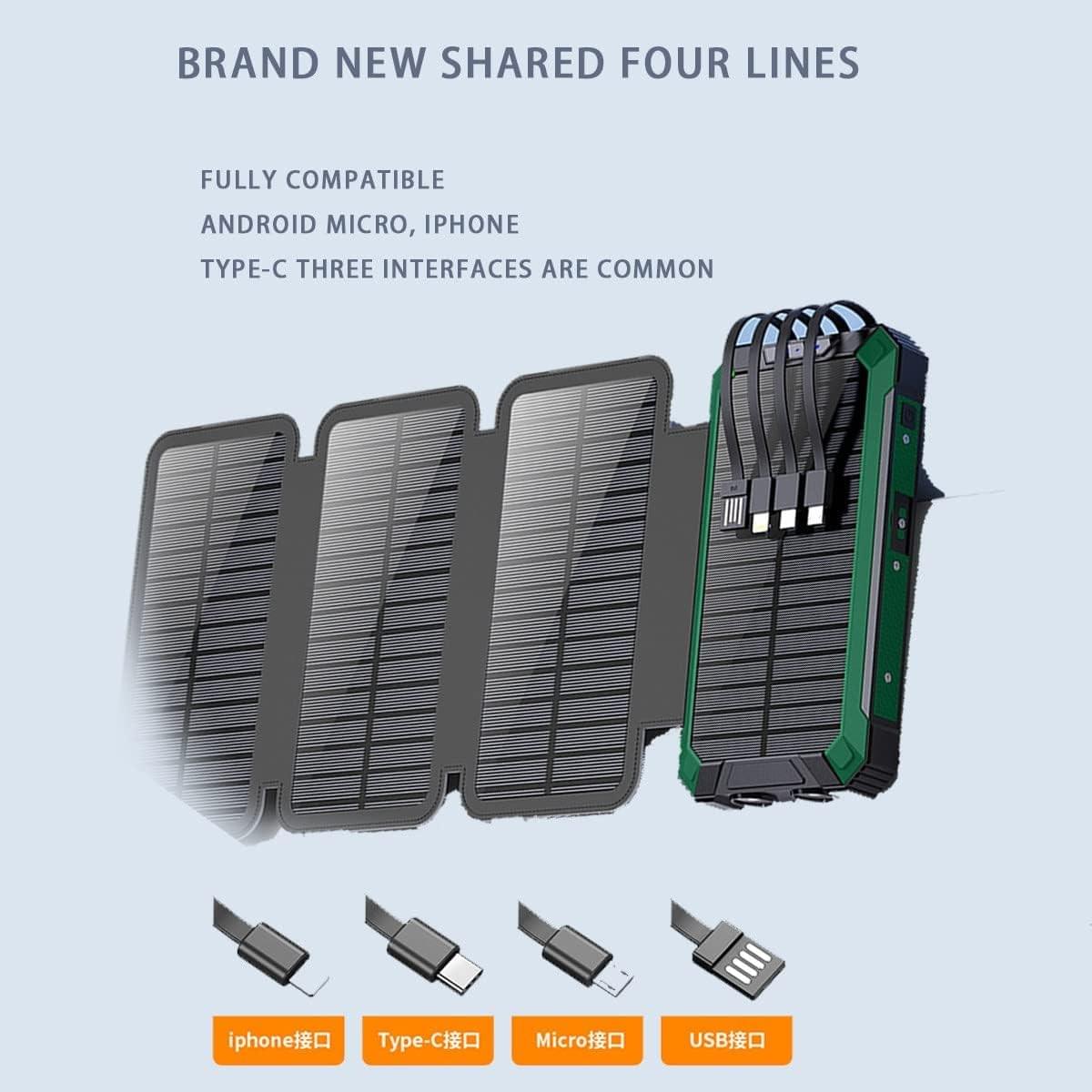 Solar Power Bank 20000mAh Portable Charger with 4 Solar Panels and Dual Flashlights, with 4 Outputs 