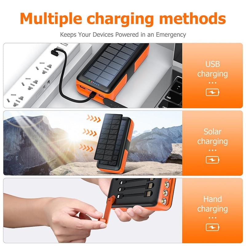 63200 mAh Power Bank Solar Kompakt vevladdare med integrerad kabel Powerbank LED-ficklampa Mergency