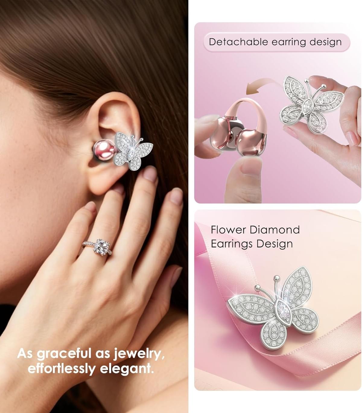 Clip-on Earbuds Jewelry Wireless Bluetooth Open Ear Headphones withDetachable Butterfly Earrings