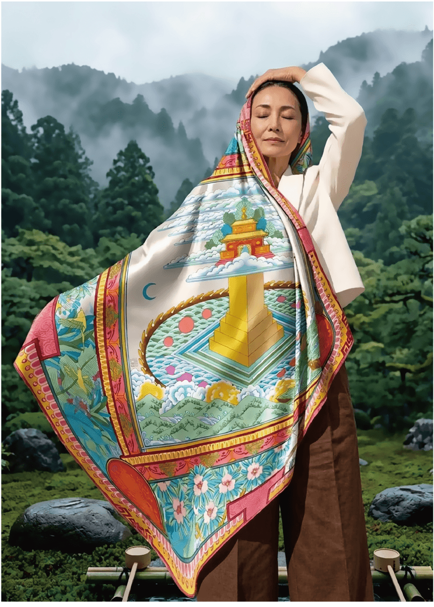 「吉祥聖境」系列 作品番号A024  シルクスカーフ Scarf シルク100% 3