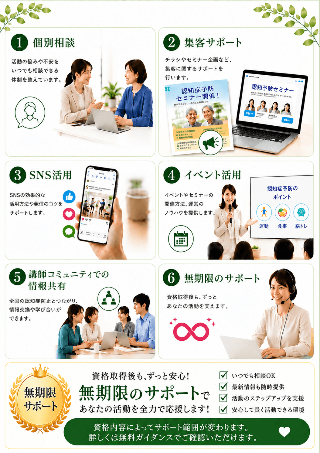 資格取得後に無期限のサポート体制を完備しており、活動の悩み相談に対応している 資格取得後に無期限のサポート体制を完備しており、活動の悩み相談に対応している