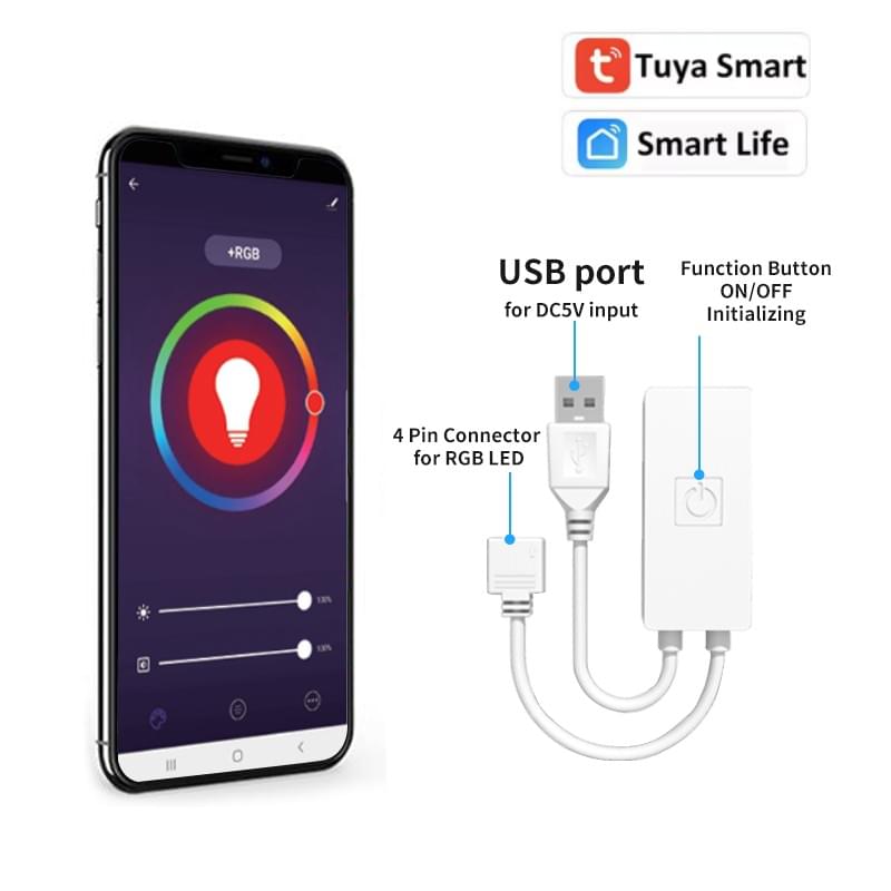 WiFi LED Controller USB DC5V, Tuya App Remote Control, Dimmable Light, Compatible with Alexa
