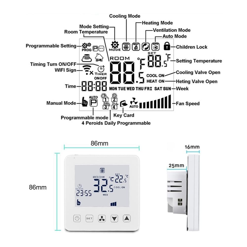 WiFi Smart Thermostat for Fan Coil Air Conditioning 3A Cooling Heating 3 Fan Speed