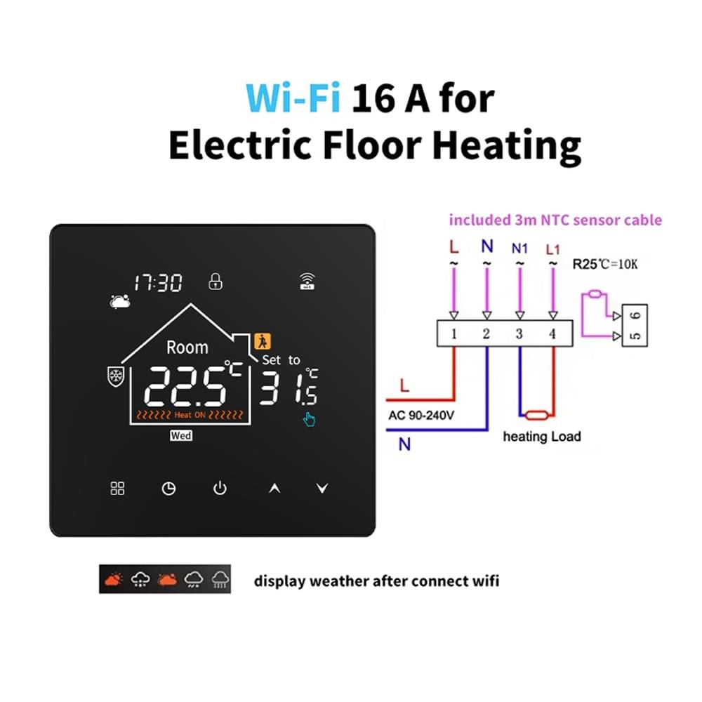 Tuya WiFi Programmable Smart Thermostat 16A Electric Floor Heating 3A Water Heating