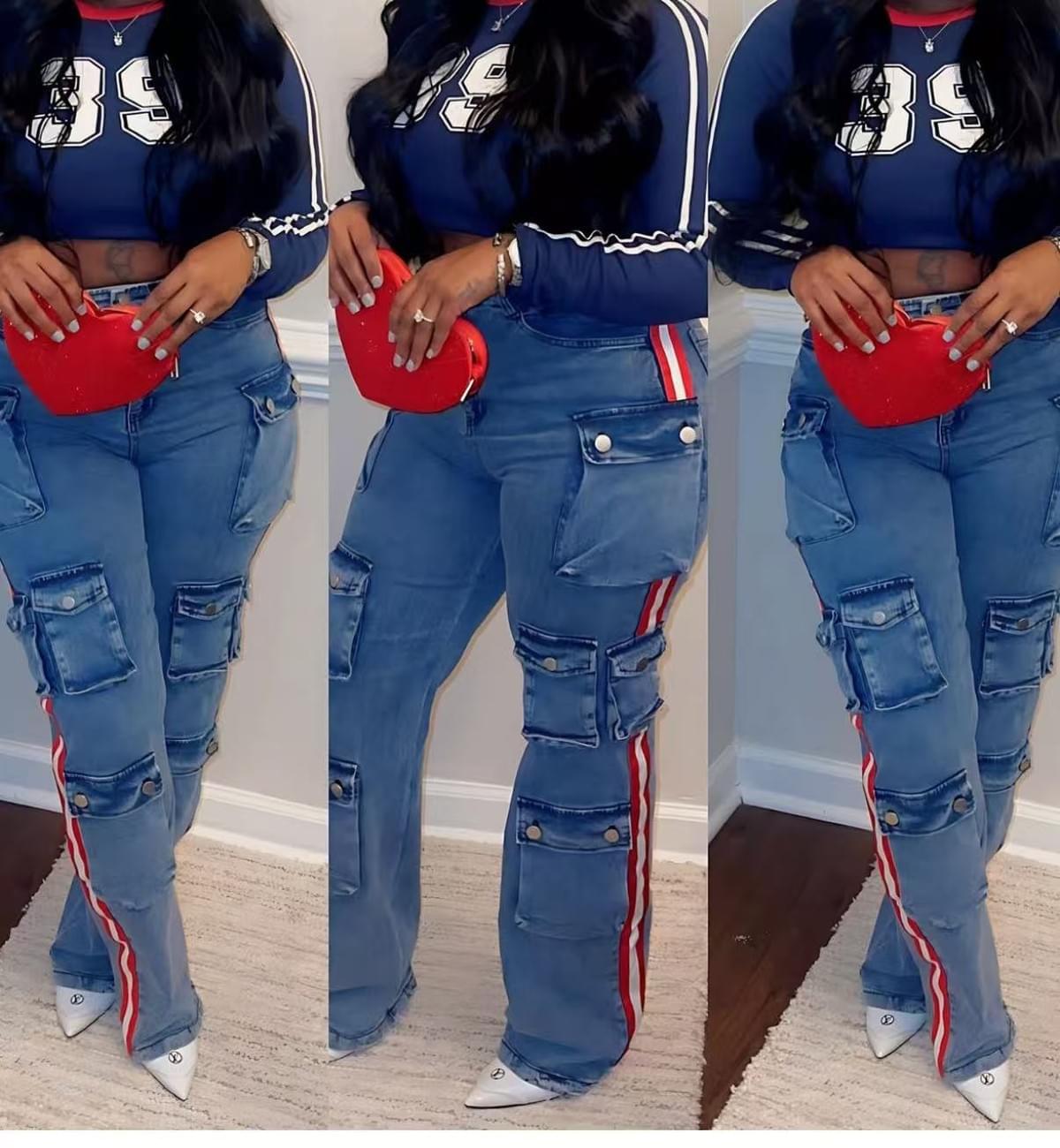 Women Trends Fashionable Denim Trousers Wash Process Pockets Pants (Factory Price)