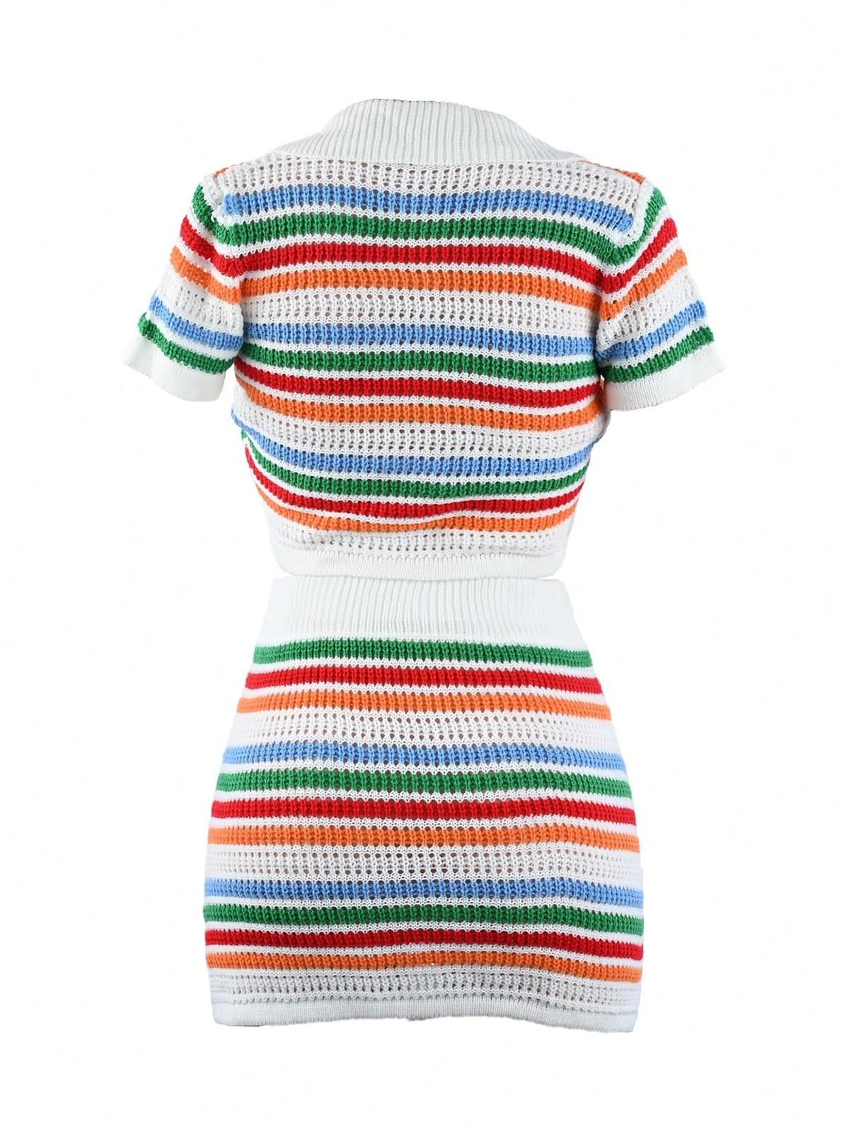 Crochet Sets Two Piece Women Summer Striped Color Causal Knit Short Set (Factory Price)
